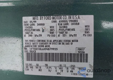 1999 Ford F-150 Lariat/Xl/Xlt from USA, damaged, VIN 1FTRX18L6XNB79925